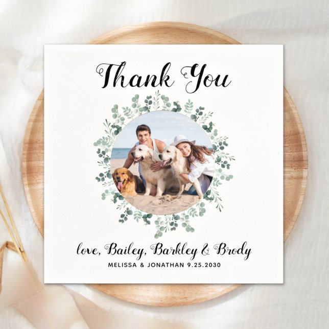 Thank You Custom Pet Photo Eucalyptus Dog Wedding Napkin (Creator Uploaded)