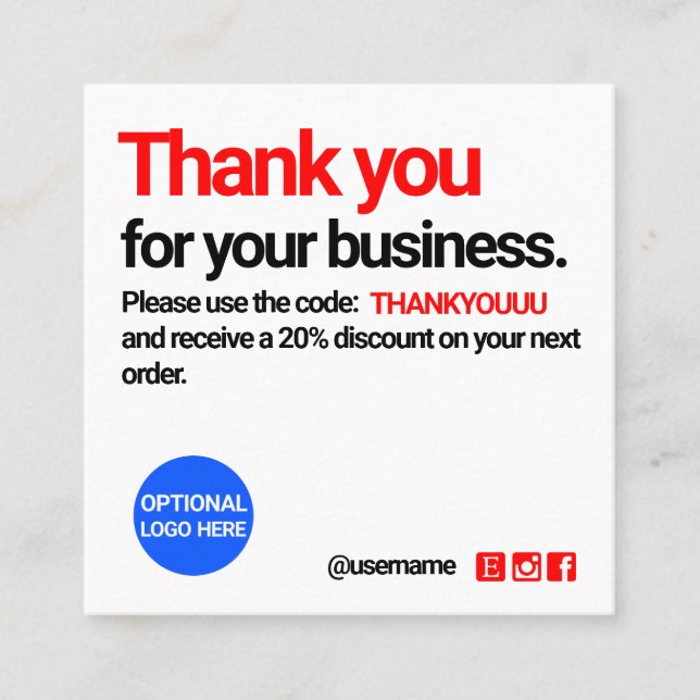 Thank You Customer Appreciation Discount Card (Front)
