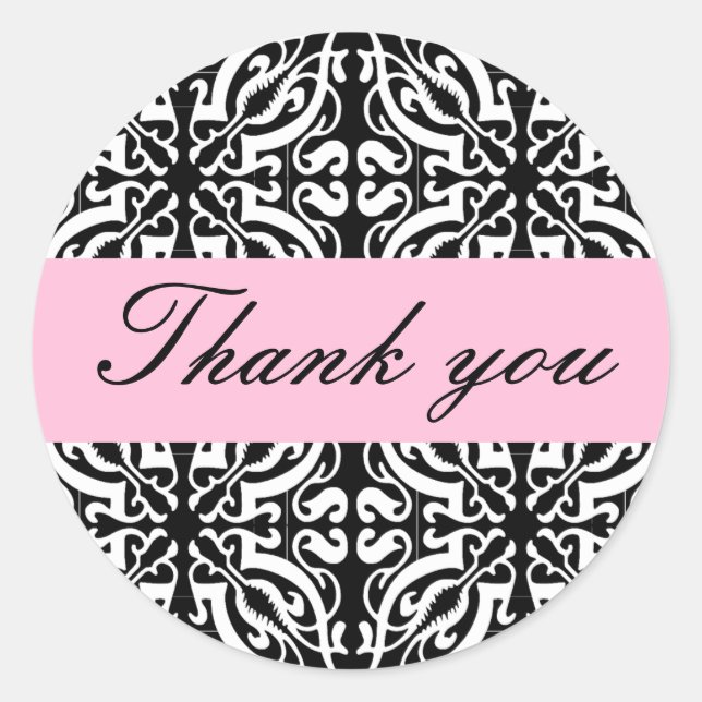 Thank you - Customisable (Black & White Damask) Classic Round Sticker (Front)