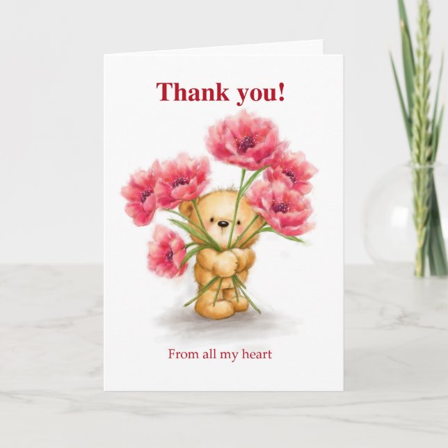 Thank you, cute bear holding red flowers card (Front)
