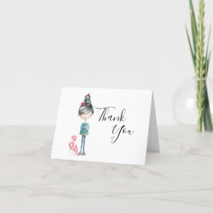 "Thank You" Cute Boho Girl With Bird Thank You Card