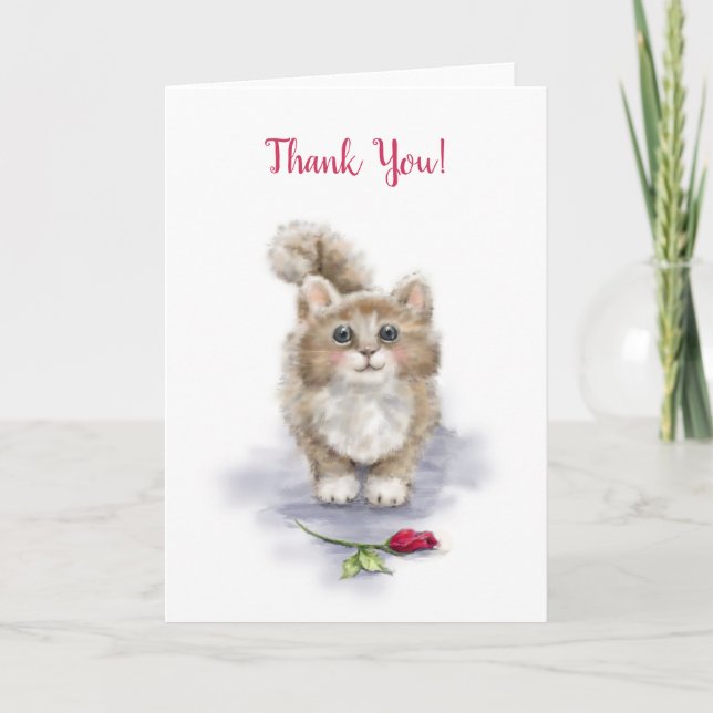 Thank You, cute cat sitting with red rose Card (Front)