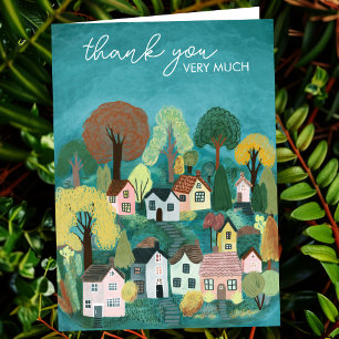 THANK YOU Cute Country Village Illustration Card