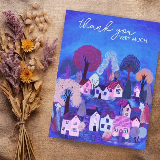 THANK YOU Cute Country Village Illustration Postcard (Custom thank you postcard with charming village. Add your own text)