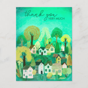 THANK YOU Cute Country Village Illustration Postcard