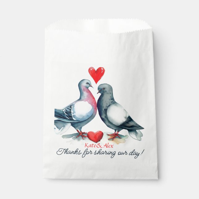 Thank You, Cute Couple Pigeons Wedding Favour Bags (Front)