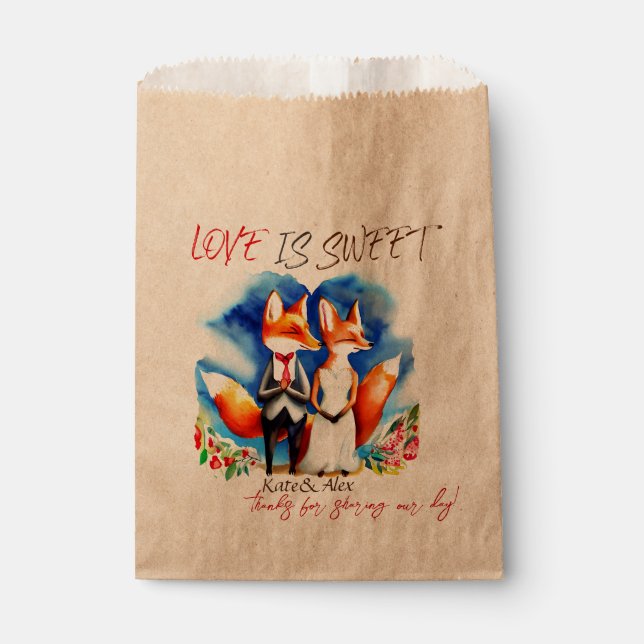 Thank You, Cute Fox Couple, Love is Sweet Wedding Favour Bags (Front)