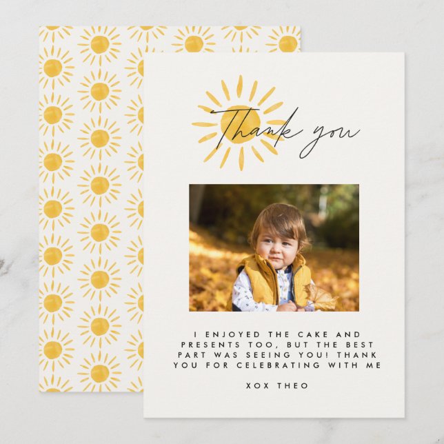 Thank you cute fun photo watercolor sun birthday (Front/Back)