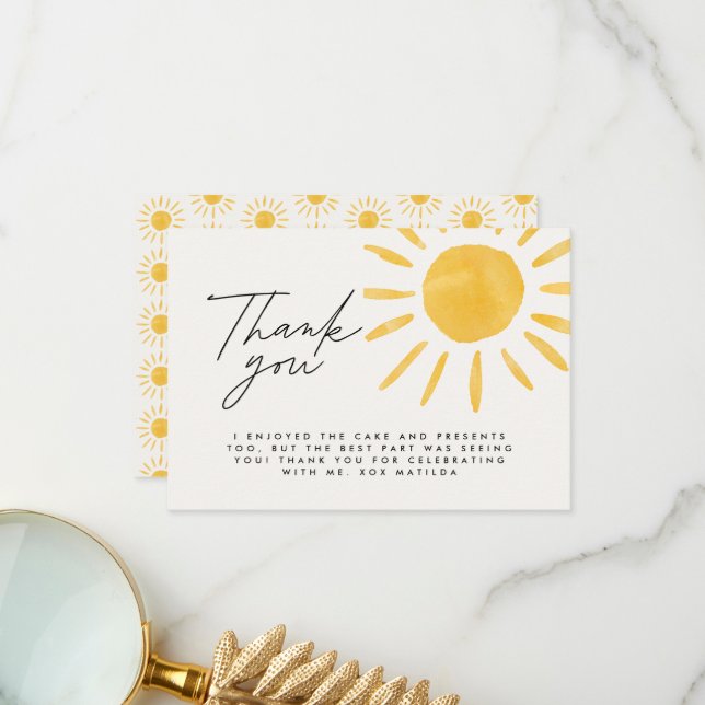 Thank you cute fun watercolor sun birthday card (Front/Back In Situ)
