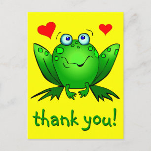 Thank You Cute Green Frog Hearts Yellow Postcard