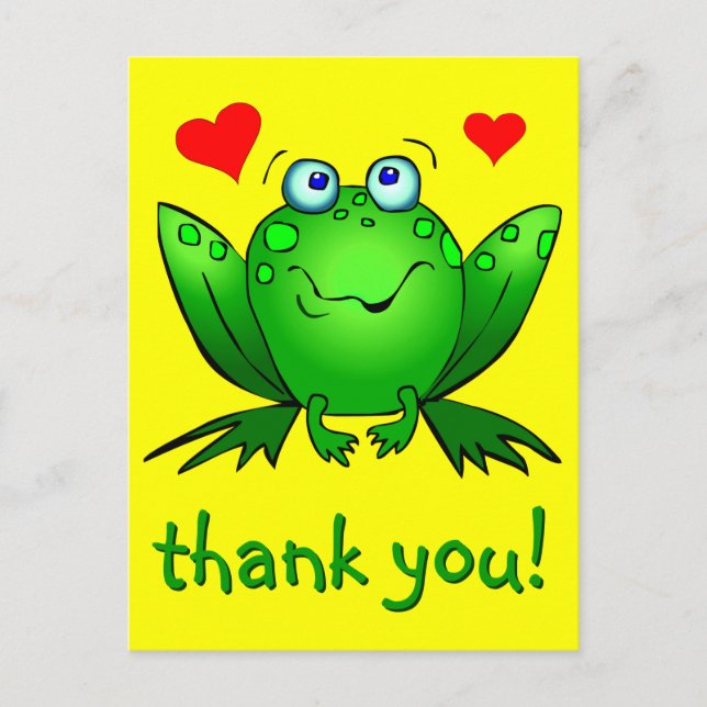 Thank You Cute Green Frog Hearts Yellow Postcard (Front)