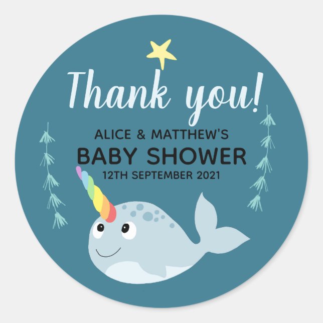 Thank You Cute Narwhal Ocean Unisex Baby Shower Classic Round Sticker (Front)