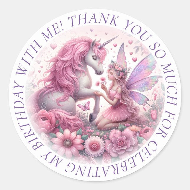 Thank You Cute Pretty Fairy and Unicorn Classic Round Sticker (Front)