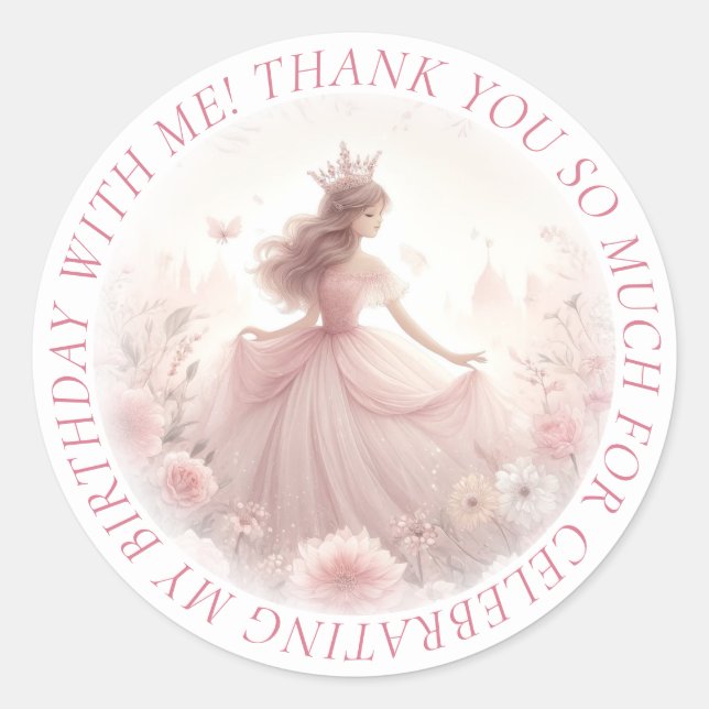 Thank You Cute Pretty Pink Princess Classic Round Sticker (Front)