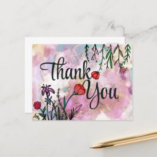 Thank You Cute Wildflower Watercolor Marbled Cloud Postcard