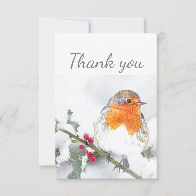 Thank You Cute Winter English Robin Bird Art Card (Front)