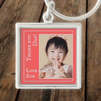 Thank you Dad in red and white, photo and name Key Ring