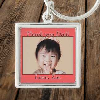 Thank you Dad in red, photo and name Key Ring