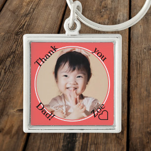 Thank you Dad in round and red, photo and name Key Ring
