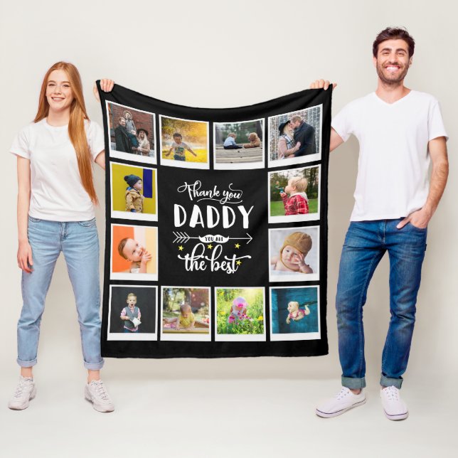Thank You Daddy Birthday Photo Collage Black Fleece Blanket (In Situ)