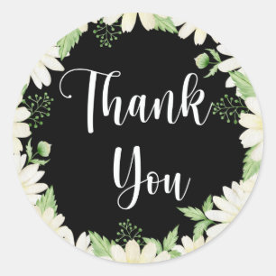 Thank You Daisy Flowers Black Classic Round Stick Sticker