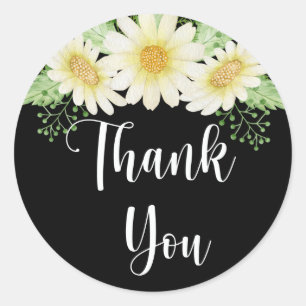 Thank You Daisy Flowers Black Classic Round Sticker