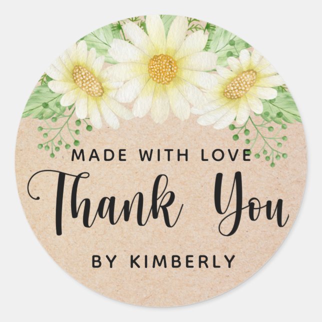 Thank You Daisy Flowers Made with Love Classic Round Sticker (Front)