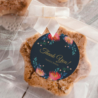 Thank You! Dark Blue, Elegant, Whimsical Flowers Classic Round Sticker