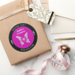Thank You, Diamond Butterfly, Black & Fuchsia Classic Round Sticker