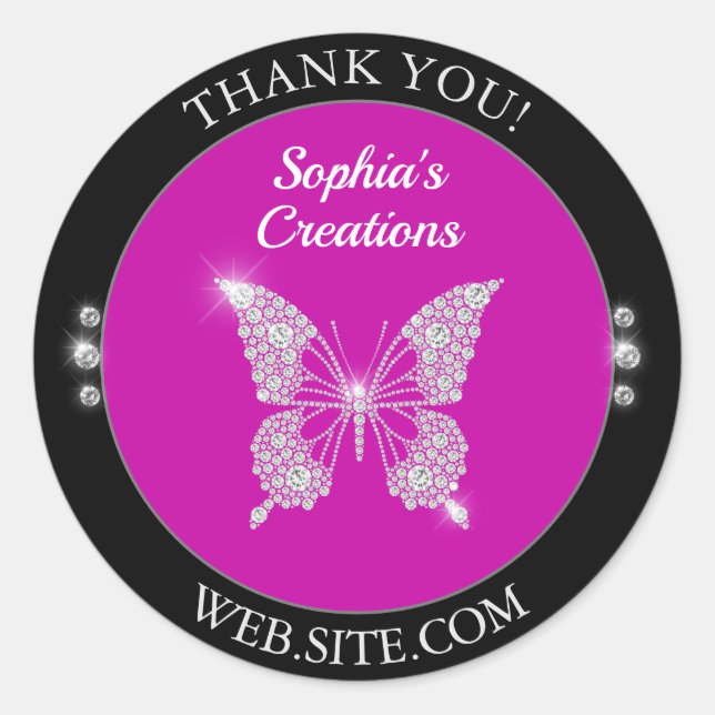 Thank You, Diamond Butterfly, Black & Fuchsia Classic Round Sticker (Front)