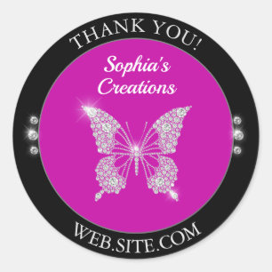 Thank You, Diamond Butterfly, Black & Fuchsia Classic Round Sticker
