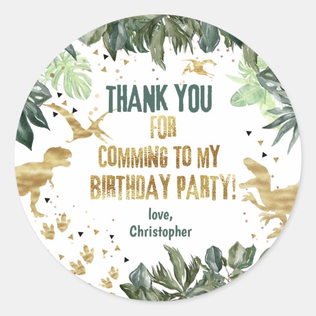 Thank You Dinosaur Personalised Birthday Classic Round Sticker (Front)