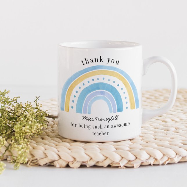 Thank You Doodle Blue Rainbow Awesome Teacher Coffee Mug (Awesome Teacher thank you gift mug with pastel rainbow
)