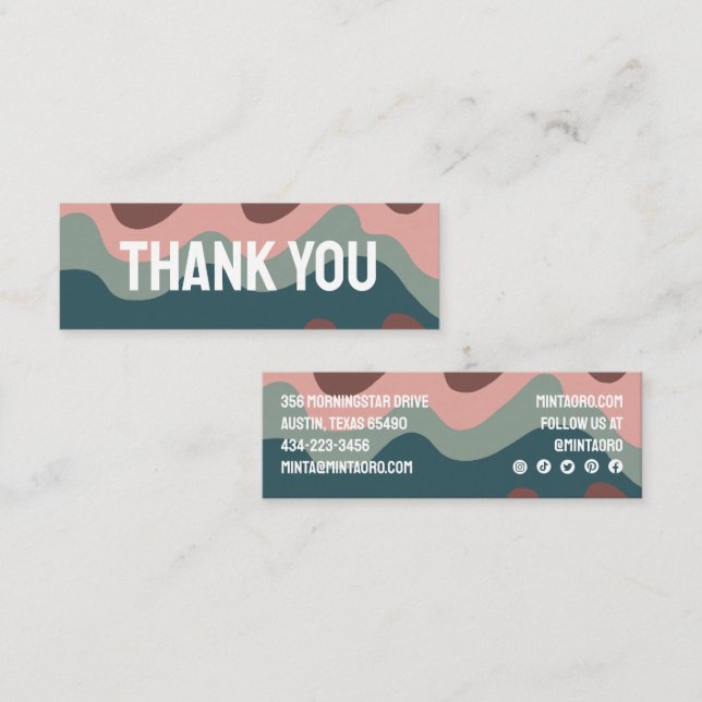 THANK YOU Earthy Wavy Stripes Social Icons Mini Business Card (Front/Back)