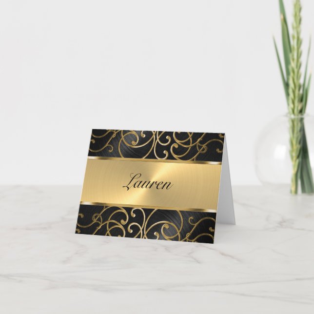 Thank You Elegant Black and Gold Filigree Note Card (Front)
