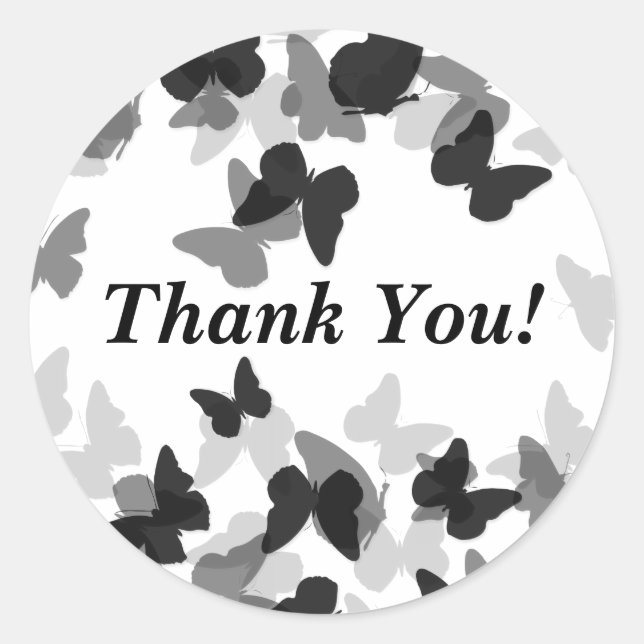 "Thank you" Elegant Black Butterflies Classic Round Sticker (Front)
