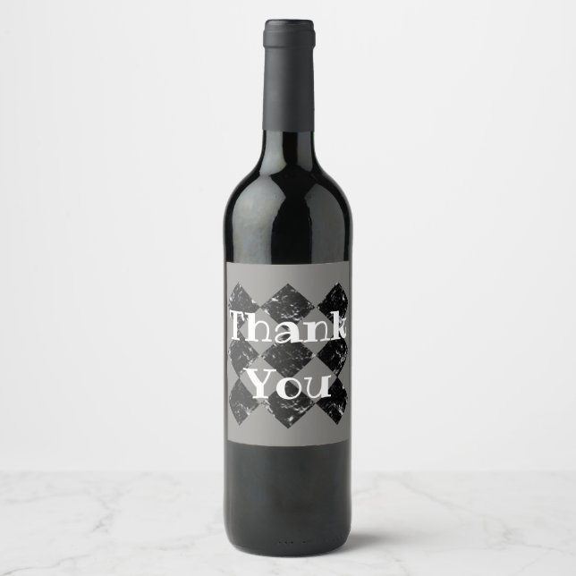 Thank You Elegant Black White Marbled Diamonds Wine Label (Front)