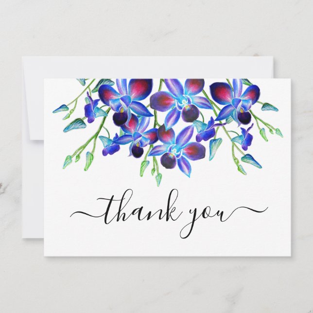 Thank You Elegant Blue Orchids Floral Watercolor (Front)
