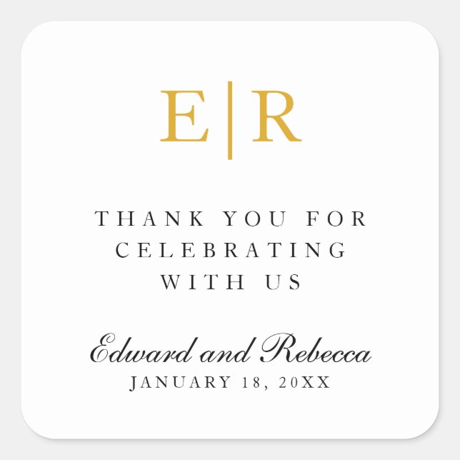 Thank You Elegant Gold Monogram Wedding Square Sticker (Front)