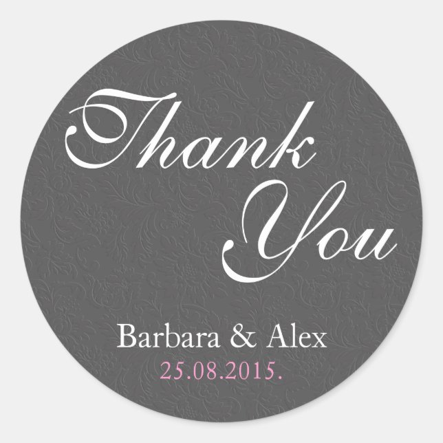 Thank You- Elegant Grey Damasks Classic Round Sticker (Front)