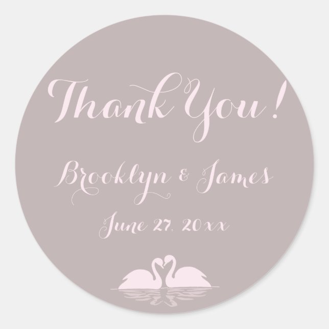 Thank You Elegant Grey Pink Swan Wedding Stickers (Front)