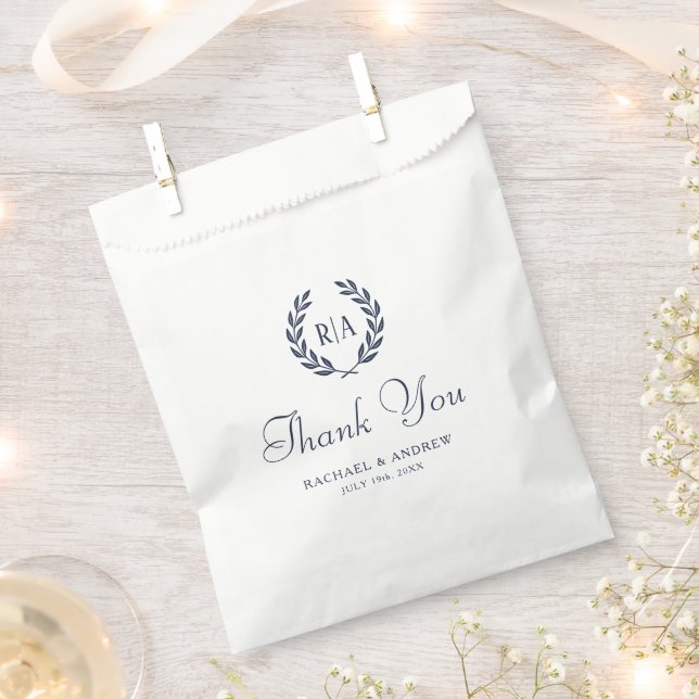 Thank You Elegant Monogram Wreath Wedding Navy Favour Bags (Clipped)