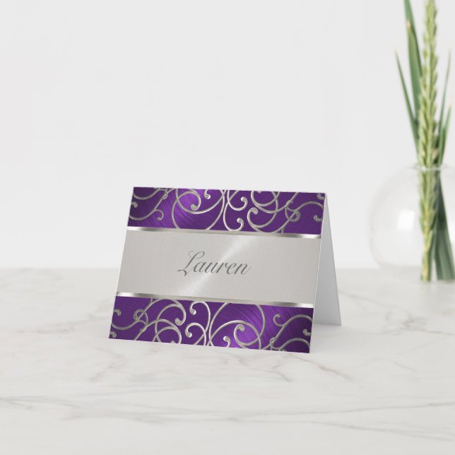 Thank You Elegant Purple and Silver Filigree Note Card (Front)
