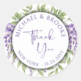 Thank You Elegant Purple Floral Script Wedding Classic Round Sticker