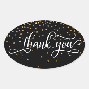 Thank You Elegant Script, Gold Confetti on Black Oval Sticker