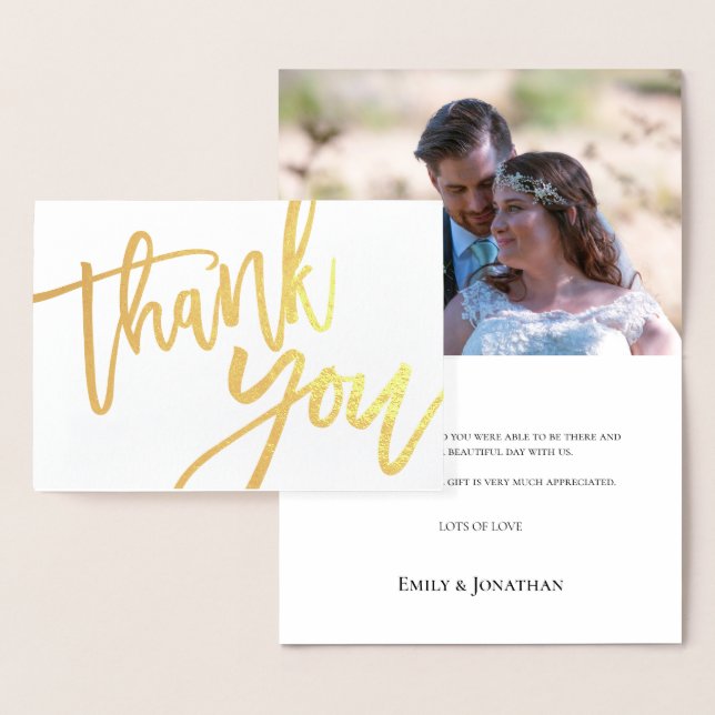 Thank You Elegant Script Photo Wedding Gold Foil Card (Display)