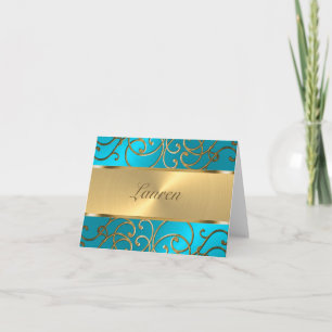 Thank You Elegant Turquoise Blue Gold Filigree Note Card