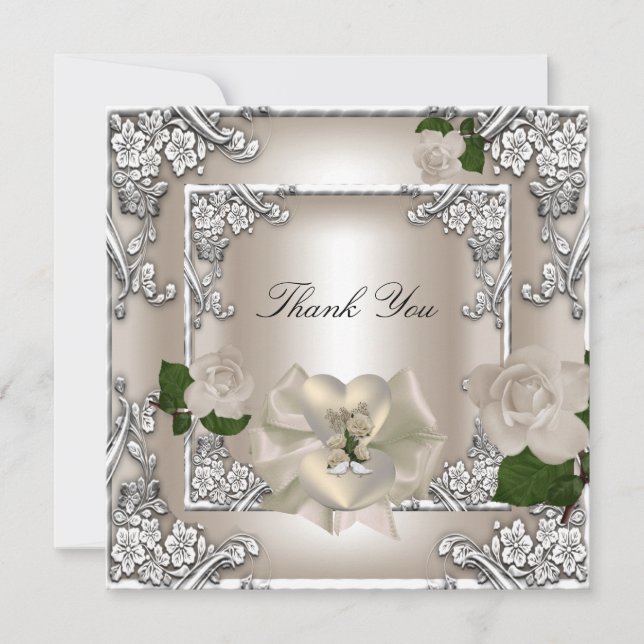 Thank You Elegant Wedding Cream Rose Silver White Card (Front)