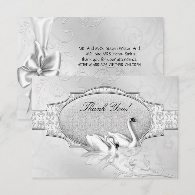Thank You Elegant Wedding Silver White Swans Heart Invitation (Front/Back)