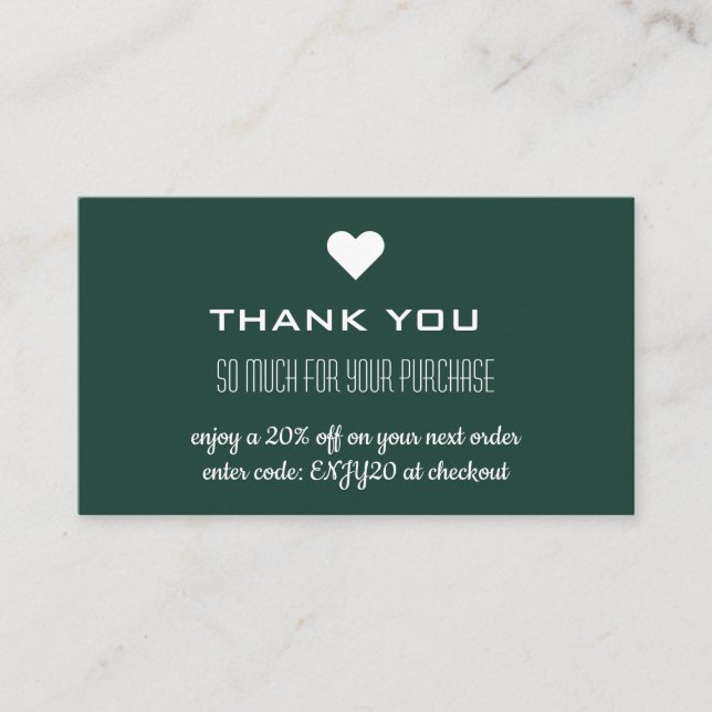 Thank You Emerald Green Discount Heart Business Card (Front)